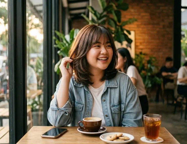 bob layer sebahu gemuk model rambut pendek untuk wajah bulat